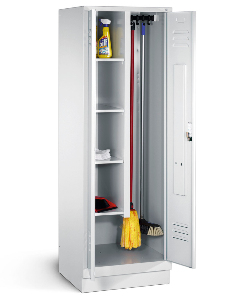 Armario para equipos de limpieza, 4 estantes y perchas, LxAxH: 610x500x1850 mm, zócalo, gris