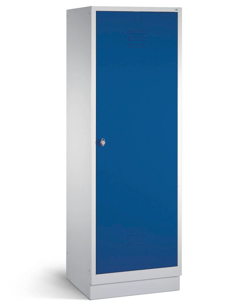Taquilla guardarropa Cabo, 2 compartimentos, LxAxH: 610x500x1800 mm, zócalo, gris, 1 puerta azul