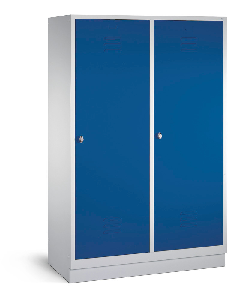 Garderobekast Cabo, 4 vakken, B 1190, D 500, H 1800 mm, sokkel, grijs/blauw, 2 deuren