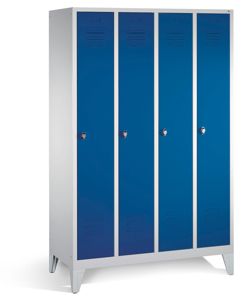 Taquilla guardarropa Cabo, 4 compartimentos, LxAxH: 1190x500x1800 mm, con patas, gris, puertas azul