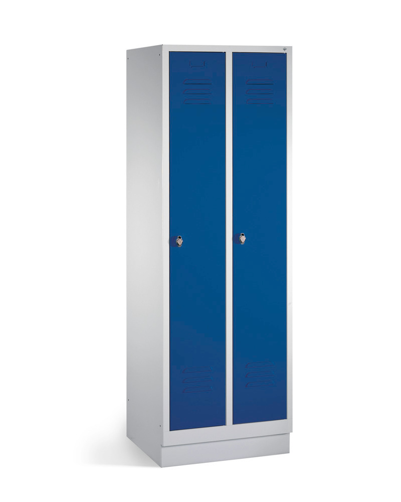 Taquilla guardarropa Cabo, 2 compartimentos, LxAxH: 610x500x1800 mm, con zócalo, gris, puertas azul