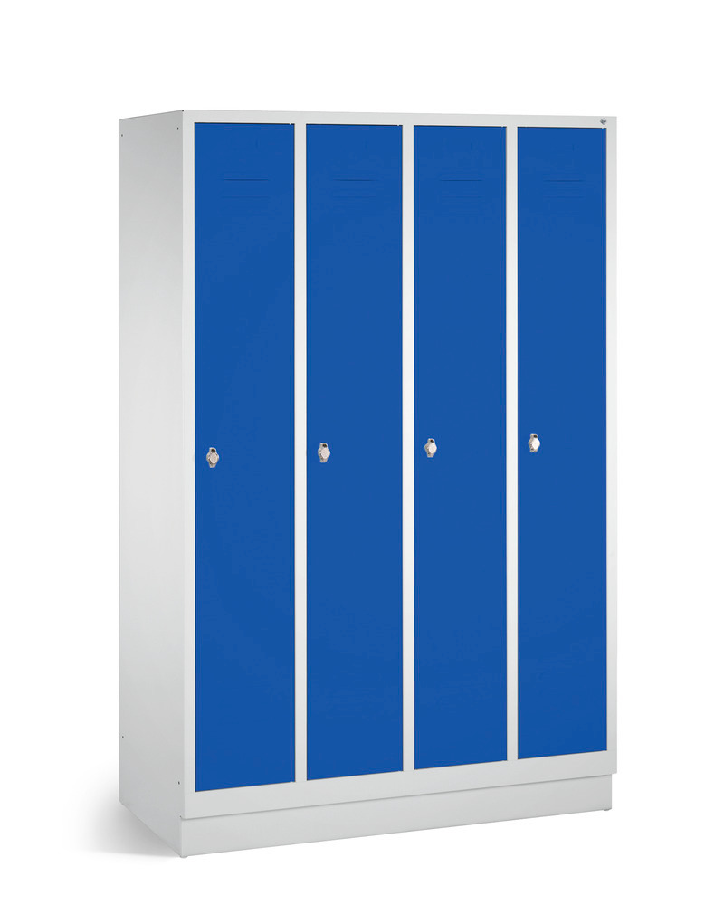 Garderobeskab Cabo, 4 sektioner, B 1190, D 500, H 1800 mm, med sokkel, grå/blå døre