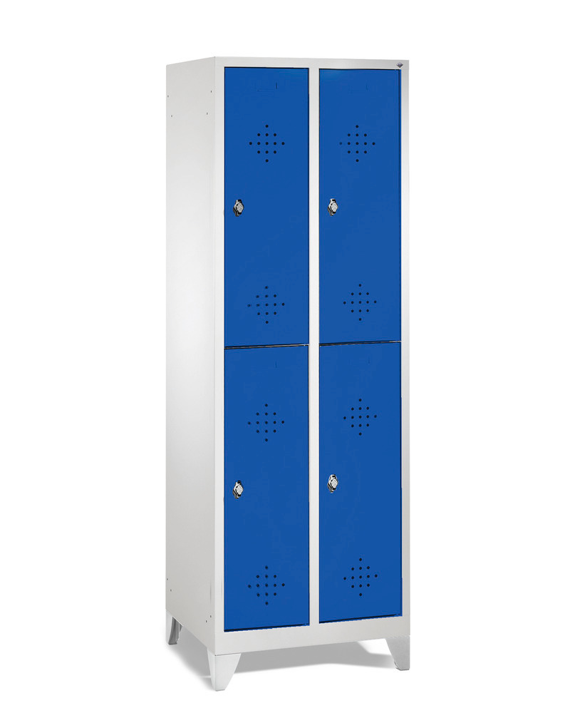 Double locker Cabo, 4 compartments, W 610, D 500, H 1850 mm, with feet, doors blue