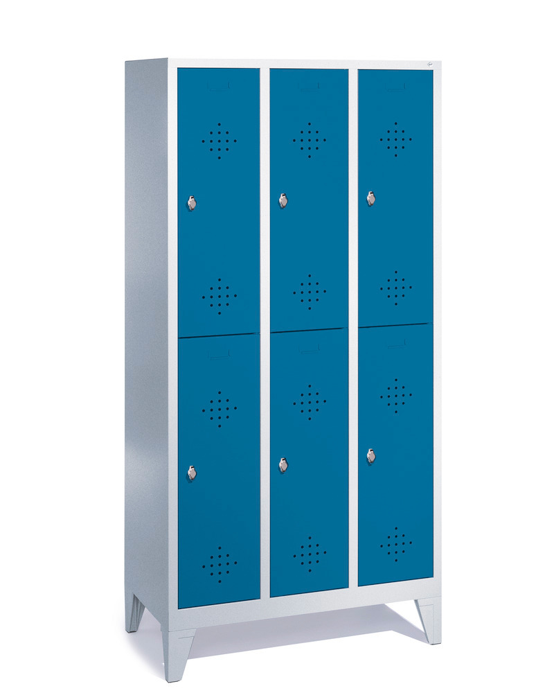 Double locker Cabo, 6 compartments, W 900, D 500, H 1850 mm, with feet, doors blue