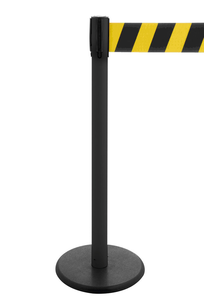 Tape barrier systems Traffico, Model 2.9, black posts, belt black/yellow, can be extended to 3.80
