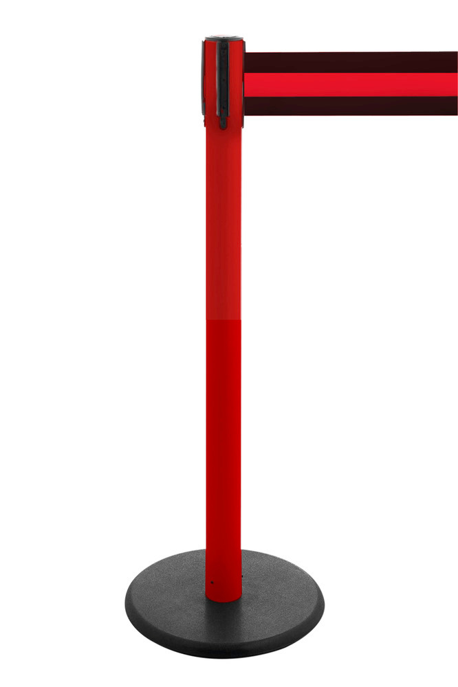 Avsperringssystem Traffico 2.9, rød stolpe, avsperringsbånd sort/rød, uttrekkslengde opp til 3,8 m.