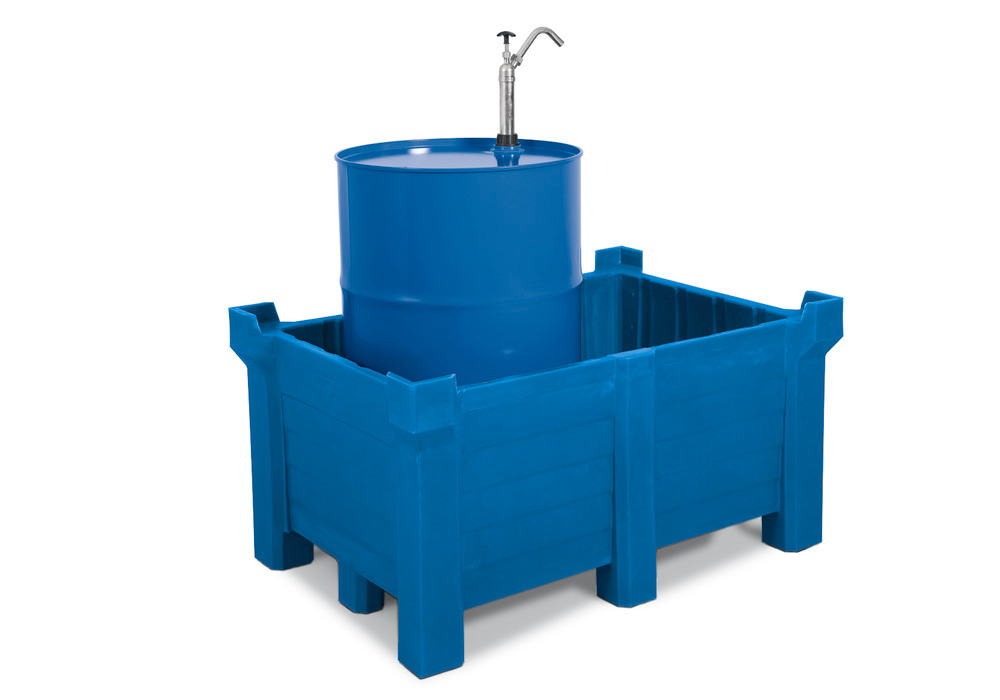 Stohovateľná nádoba PolyPro z PE, obsah 300 litrov, záchytný obsah 280 litrov, uzavretá, modrá