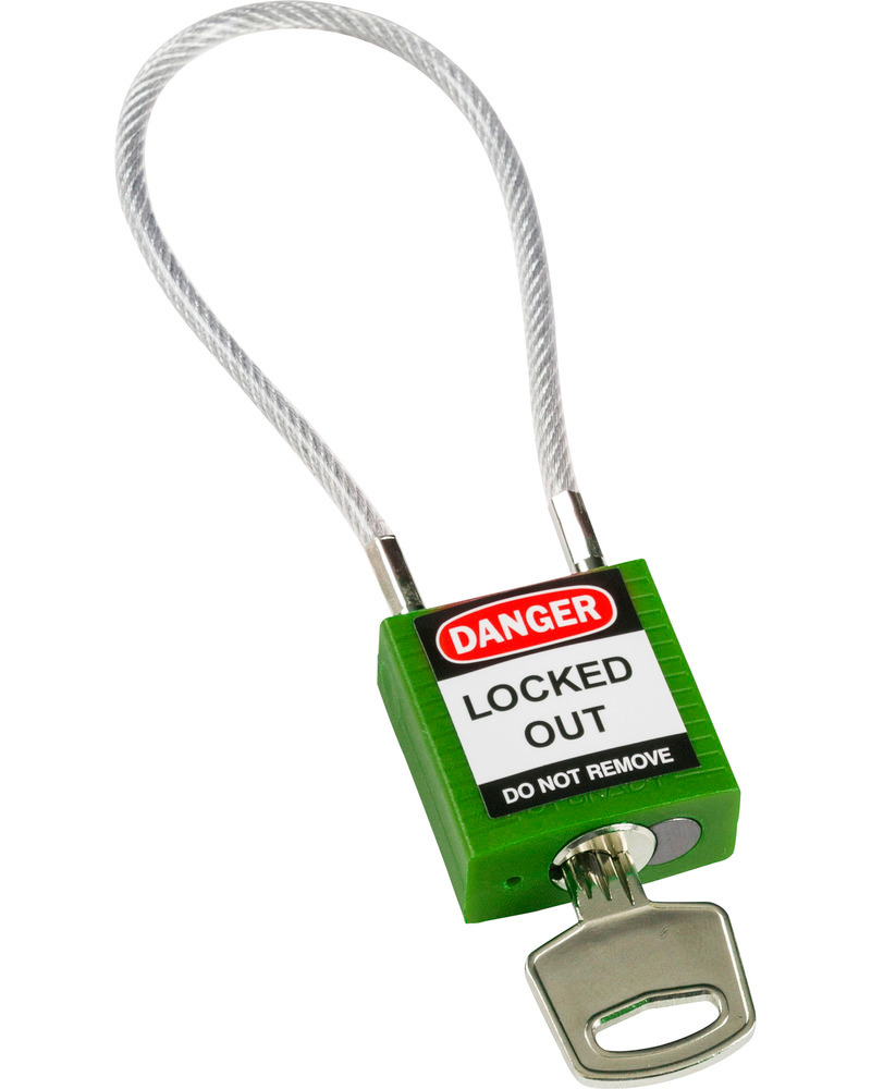 Compact security lock, keyed different, with cable loop 200 mm, green