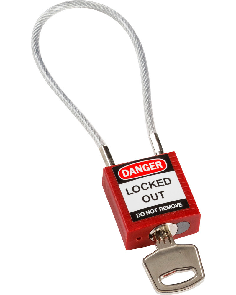 Compact security lock, keyed different, with cable loop 200 mm, red