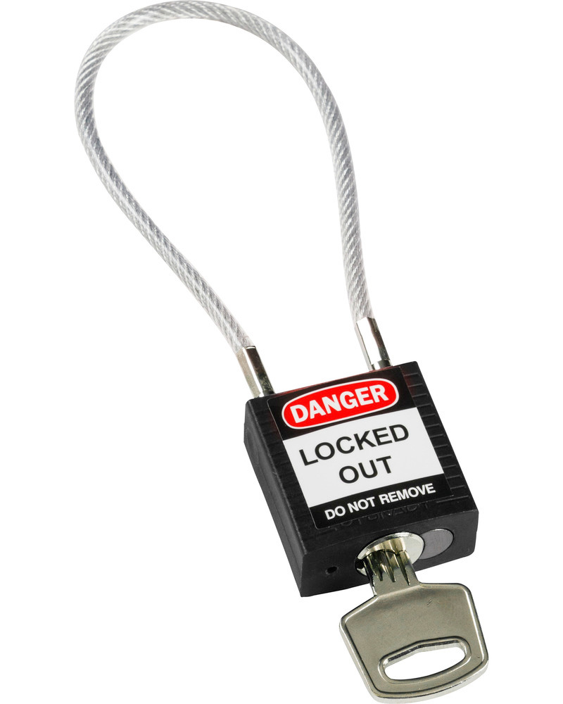 Cadenas de sécurité compact, clé spécifique à chaque cadenas, avec câble 200 mm, noir