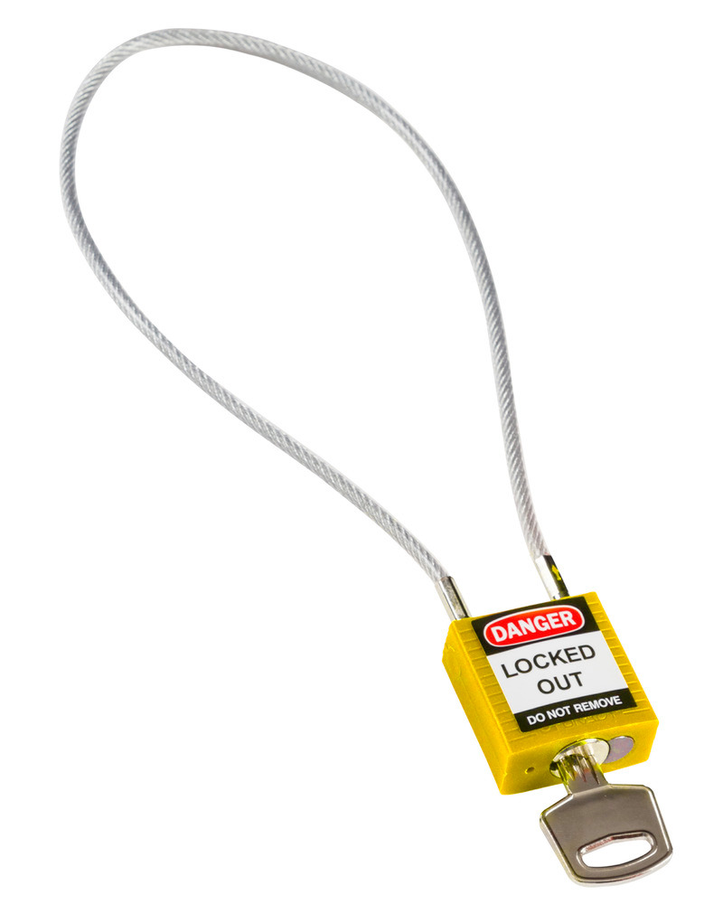 Kompaktowa kłódka zabezpieczająca, z kluczami niepowtarzalnymi, kabłąk kablowy 400 mm, żółta