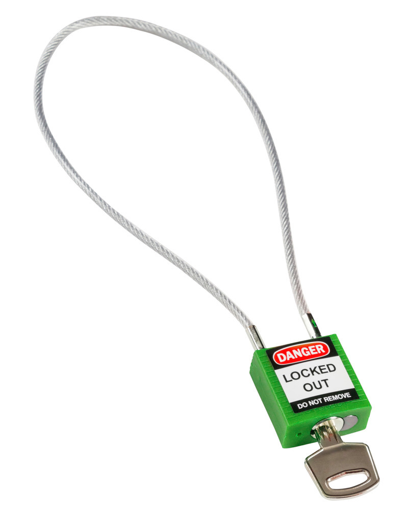 Kompakt sikkerhedslås, Keyed Different nøglesystem, kabel hængelås, 400 mm, grøn