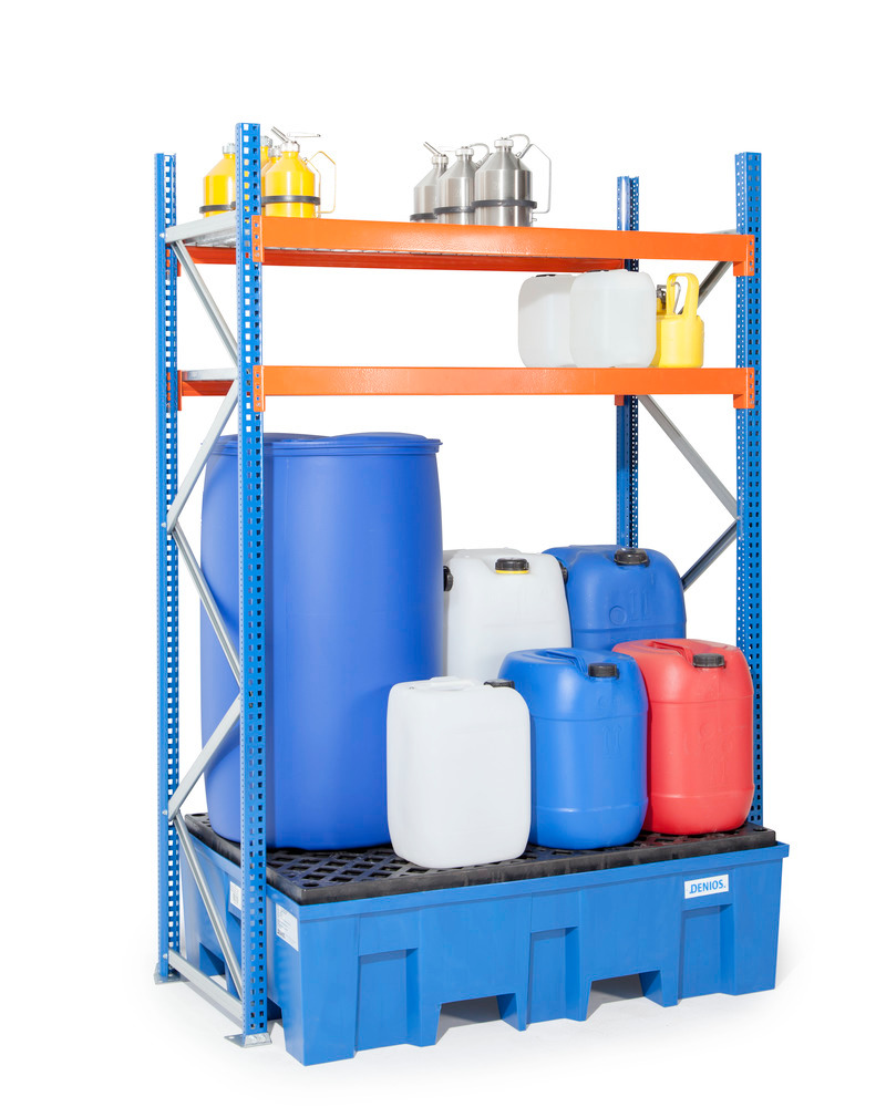 Drum and small container rack GKS 1250, PE spill pallet, 2 grid shelves, basic shelf unit