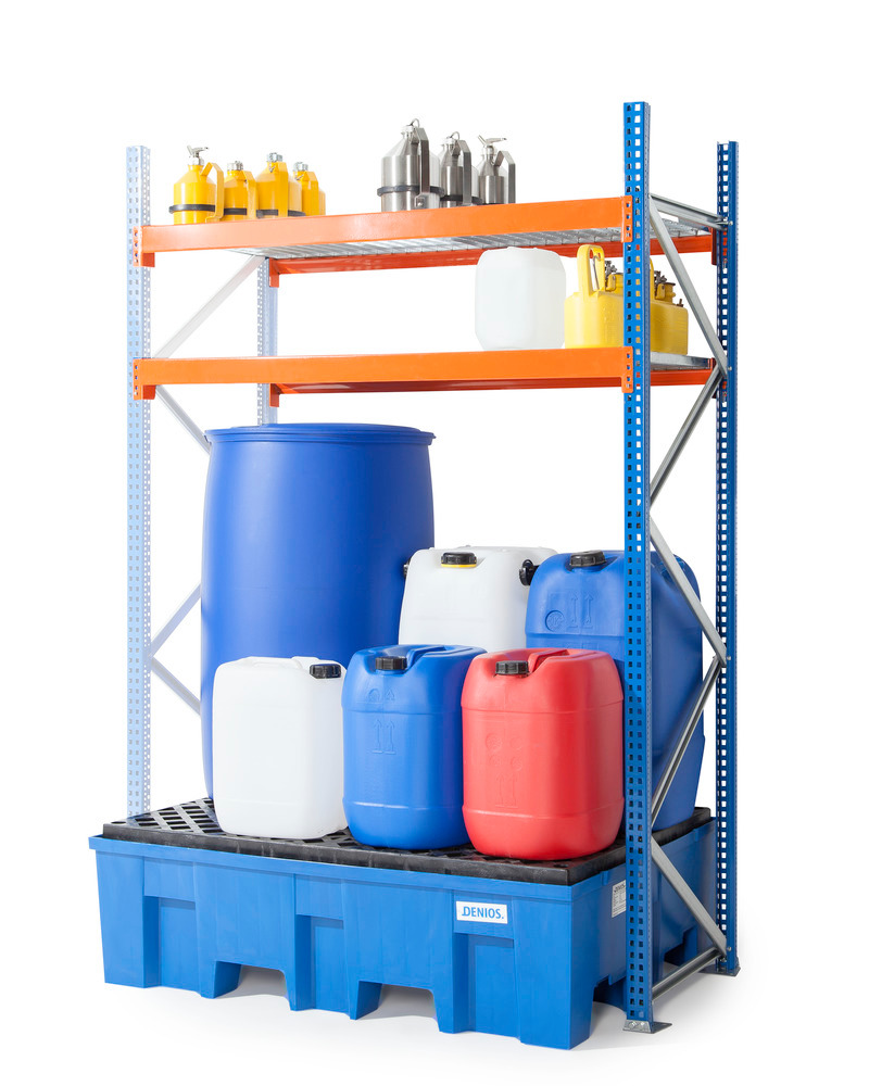 Drum and small container rack GKS 1250, PE spill pallet, 2 grid shelves, extension shelf unit