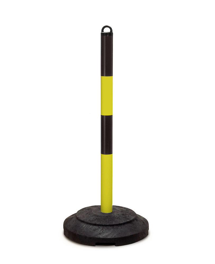 Tung varningsstolpe med kedja, svart/gul, återvinningsfot, höjd 1 000 mm