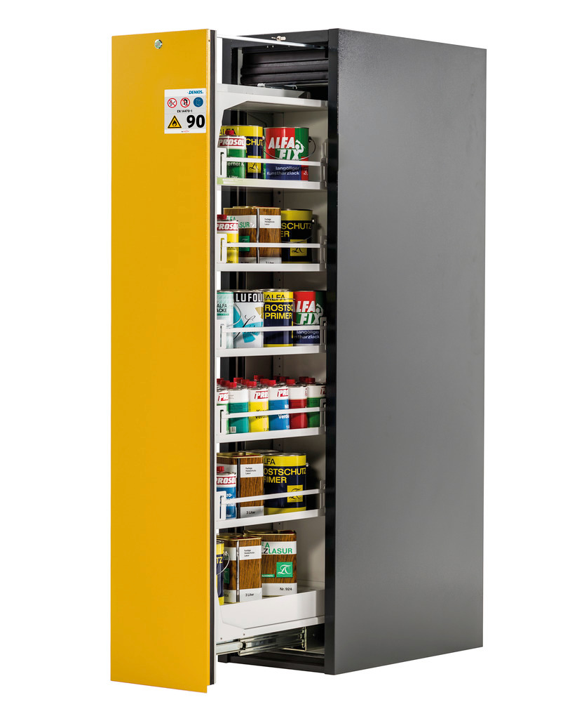 asecos Slim-Scoper, fire-rated hazardous materials cabinet 45-5, 1 vertical pullout, 5 shelves, yell