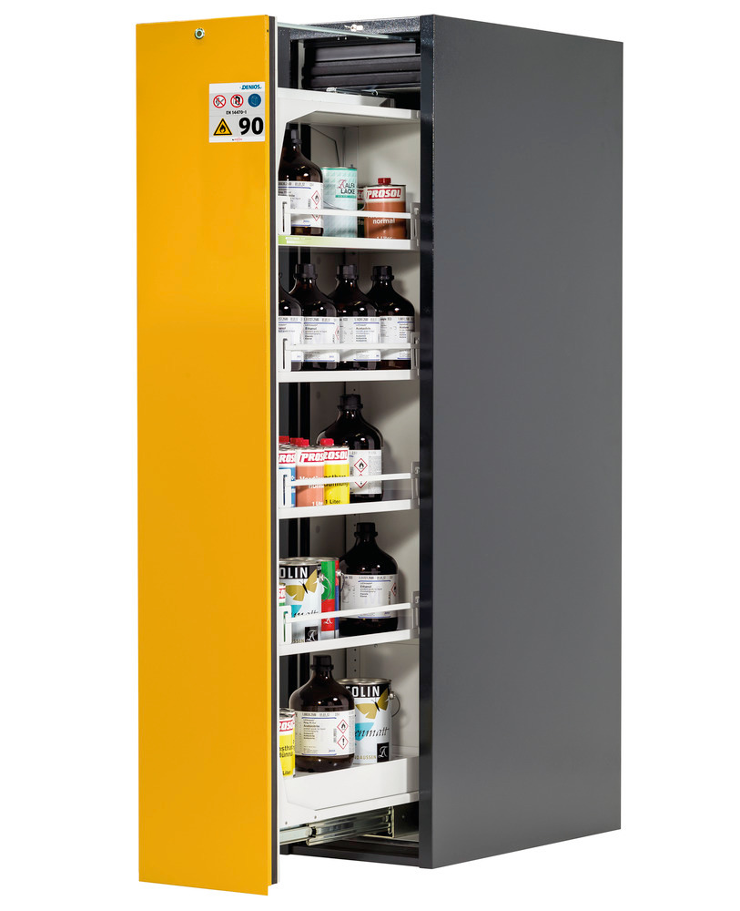 Depending on model, cabinets are fitted with either 4 or 5 shelves. Including a floor spill pallet with perforated cover