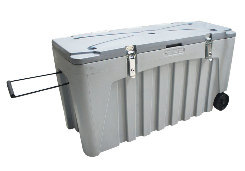 Universalbox av plast (PE), grå, låsbar, med hjul, volym 140 liter