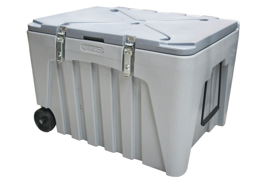Universalbox av plast (PE), grå, låsbar, med hjul, volym 167 liter