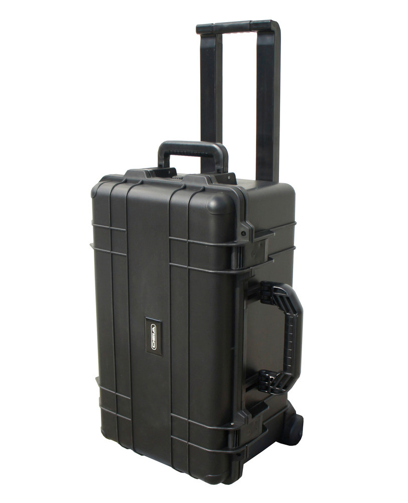 Bezpečnostný kufor z plastu (PP), čierny, s penovou vložkou a kolieskami, objem 37 litrov