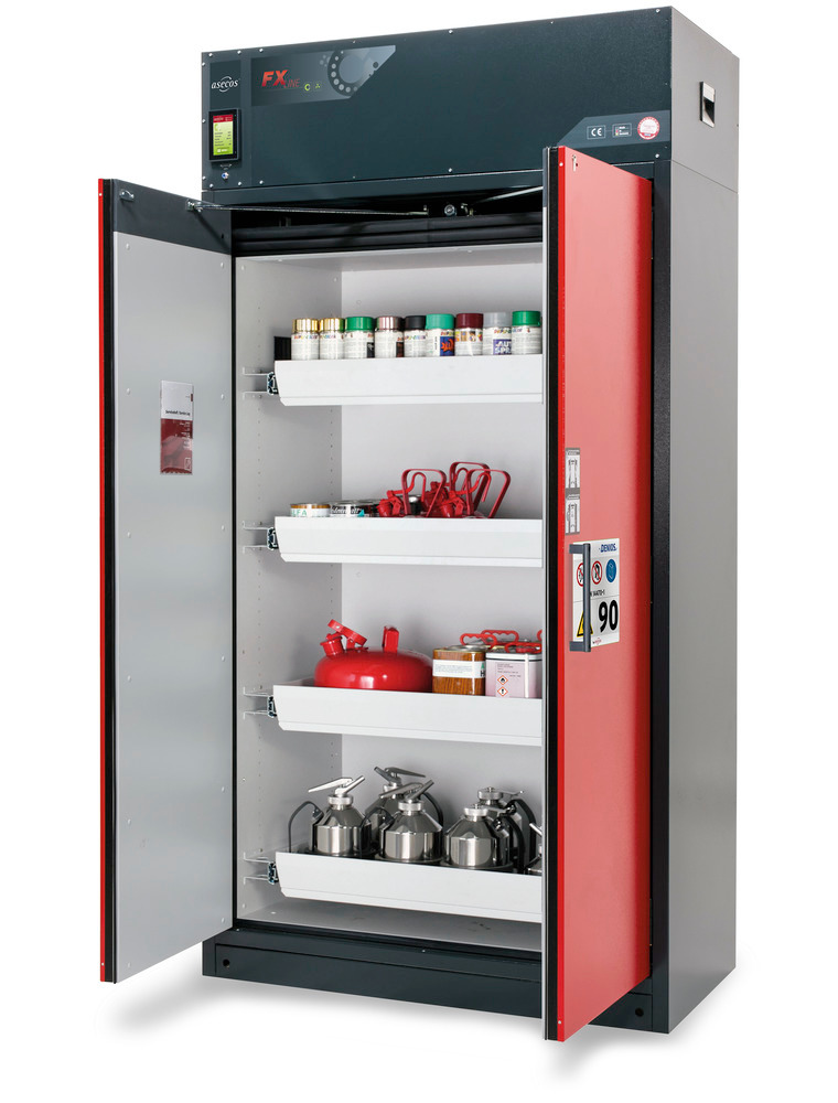 Fire-rated vent. HazMat cabinet Custos, doors red, with 3 shelves, Model E-123
