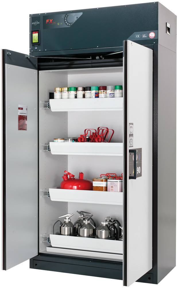 Fire-rated vent. HazMat cabinet Custos, doors grey, with 4 slide-out spill trays, Model E-124