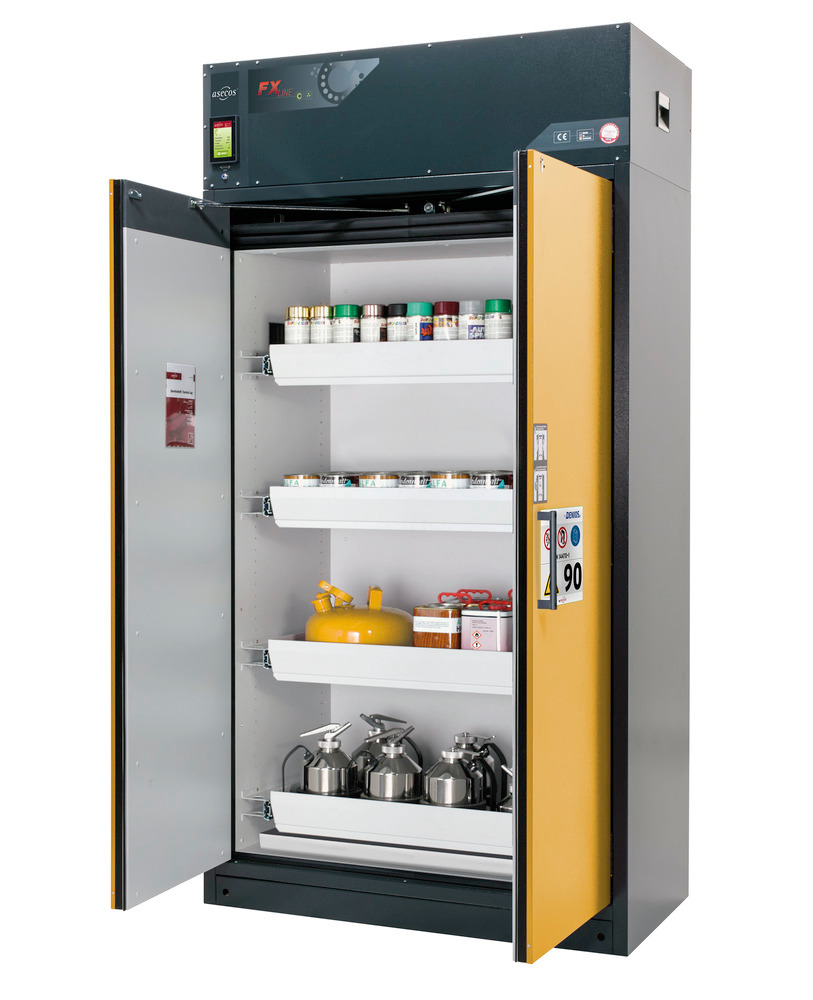 Fire-rated vent. HazMat cabinet Custos, doors yellow, with 4 slide-out spill trays, Model E-124