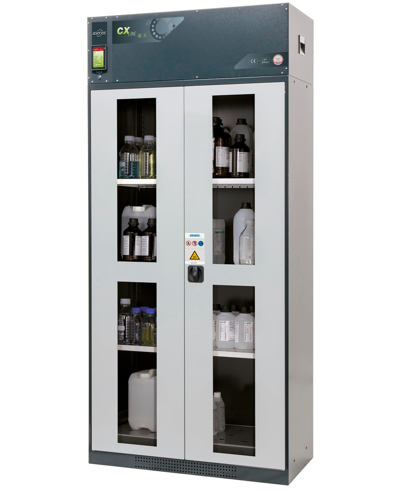 asecos chemical ventilated cabinet Custos, doors grey, 3 shelves and spill pallet, Model C-103