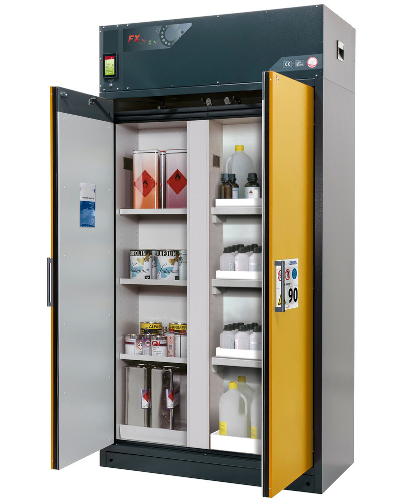 asecos fire-rated ventilated hazmat cabinet Custos, yellow, 3 shelves, with partition wall