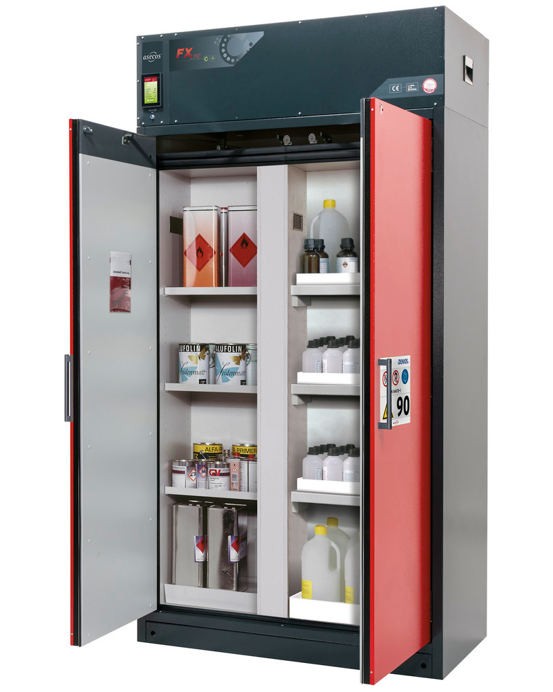 asecos fire-rated ventilated hazmat cabinet Custos, red, 3 shelves, with partition wall