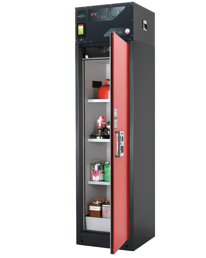 asecos fire-rated ventilated hazmat cabinet Custos, red, 3 shelves, door hinged right, Model A-63