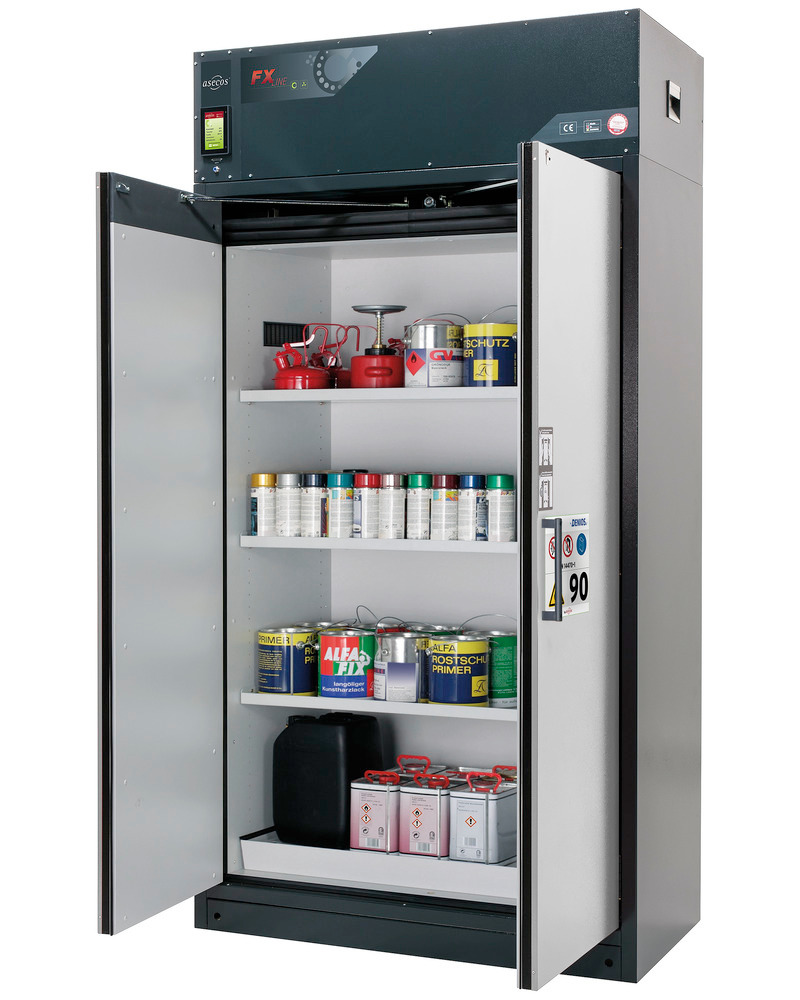 asecos fire-rated ventilated hazmat cabinet Custos, doors grey, with 3 shelves, Model E-123