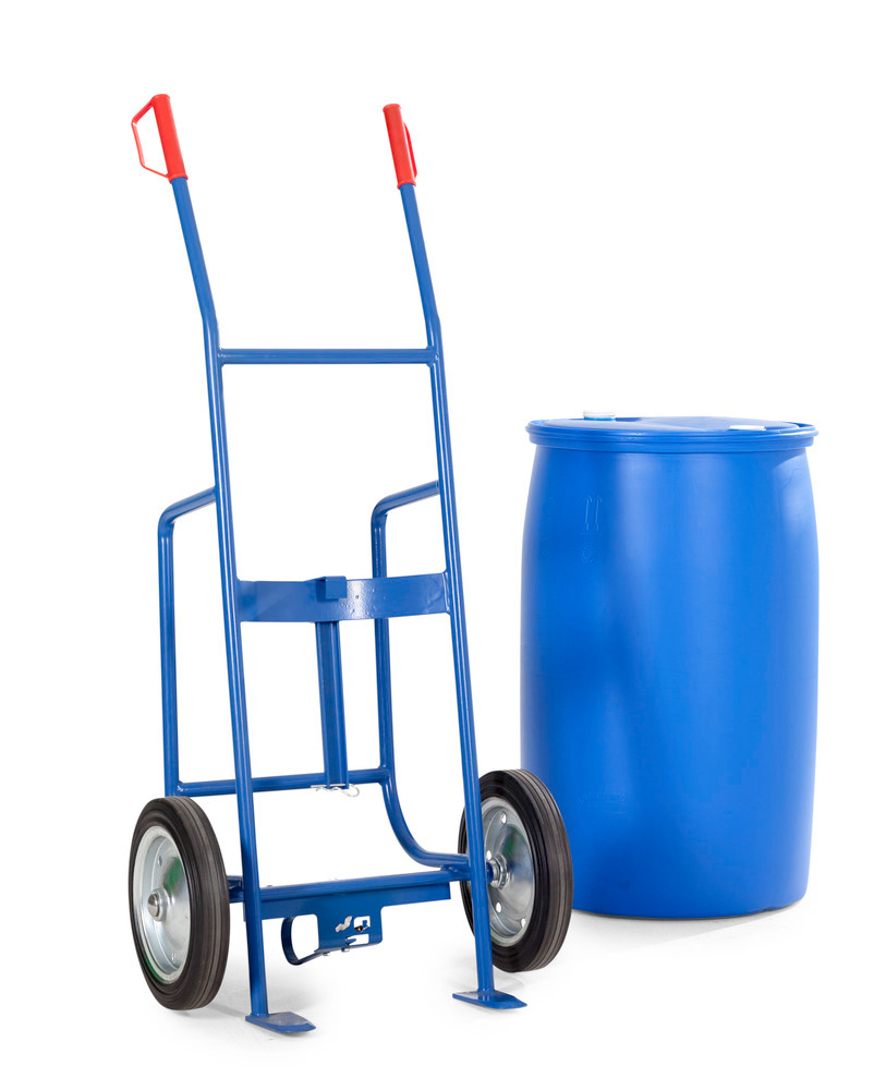 Chariot pour fûts FKH en acier, peint en bleu, pneus pleins, pour fûts de 200/220 litres